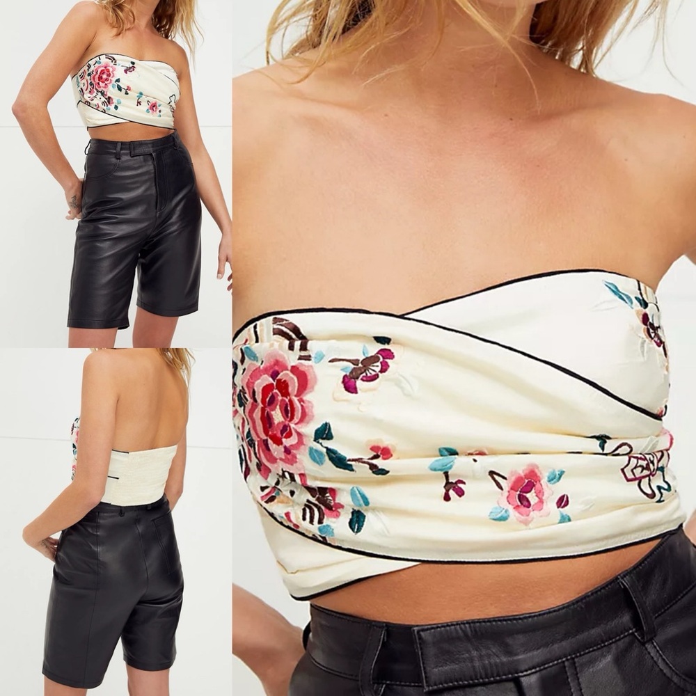 Free People Paige Embroidered Floral Tube Top Ivory Strapless NWT Medium